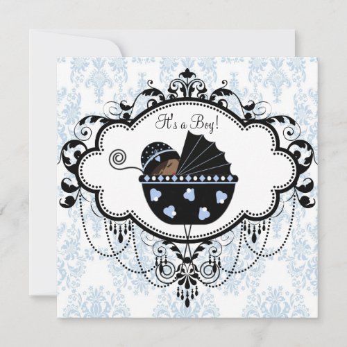 Blue Black Damask Baby Boy Shower Invitations