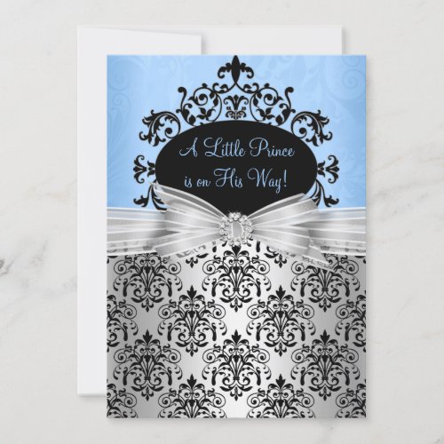 Blue &amp; Black Damask Baby Shower Invitation