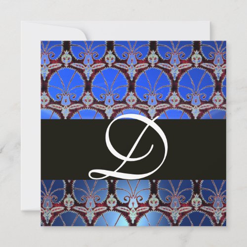 BLUE BLACK  DAMASK CARNATIONS MONOGRAM INVITATION