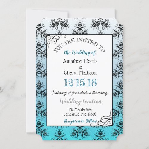 Blue  Black Damask Classy Wedding invitations