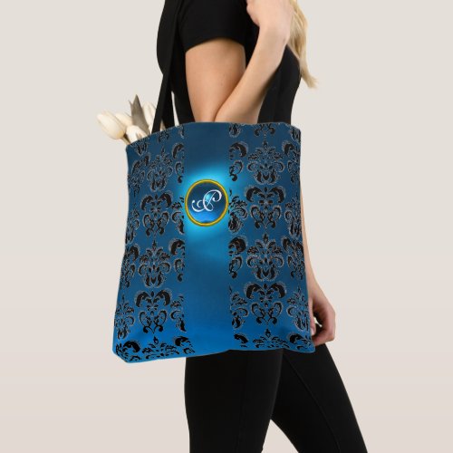 BLUE BLACK DAMASK FLORAL GEMSTONE MONOGRAM TOTE BAG