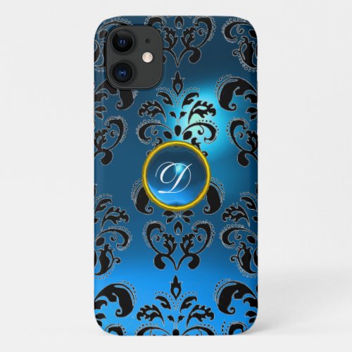 BLUE BLACK DAMASK GEM MONOGRAM iPhone 11 CASE