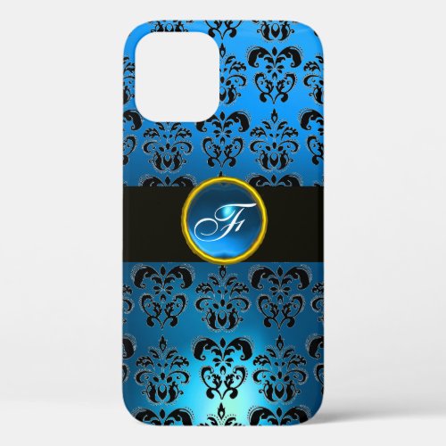 BLUE BLACK DAMASK GEM STONE MONOGRAM  iPhone 12 CASE