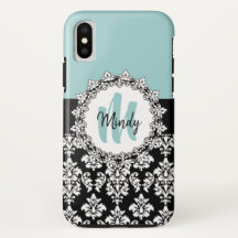 Blue Black Damask Hand Lettered Monogram Name
