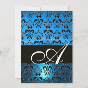 BLUE BLACK DAMASK MONOGRAM ,bright white Invitation