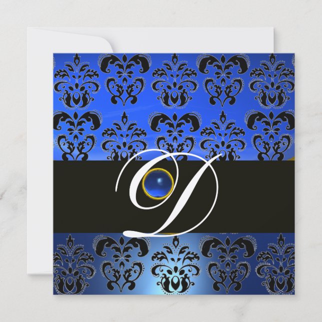 BLUE BLACK DAMASK MONOGRAM SAPPHIRE CHAMPAGNE INVITATION (Front)
