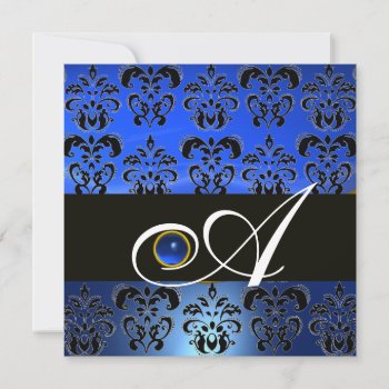 Blue Black Damask Monogram Sapphire Invitation by bulgan_lumini at Zazzle