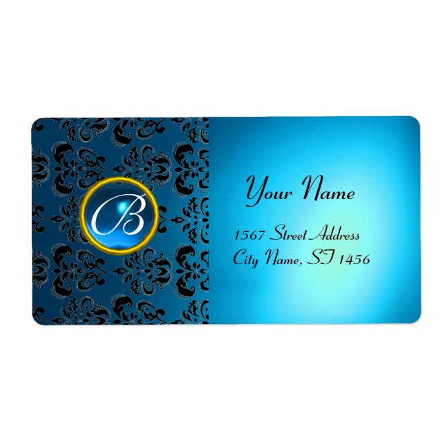 BLUE BLACK DAMASK MONOGRAM,sapphire turquase Label (Front)