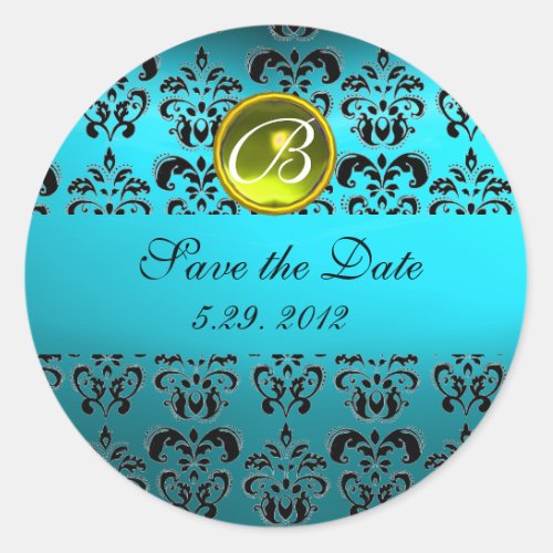 BLUE BLACK DAMASK MONOGRAM turquase yellow Classic Round Sticker