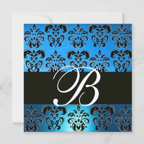 BLUE BLACK  DAMASK MONOGRAM  white Invitation