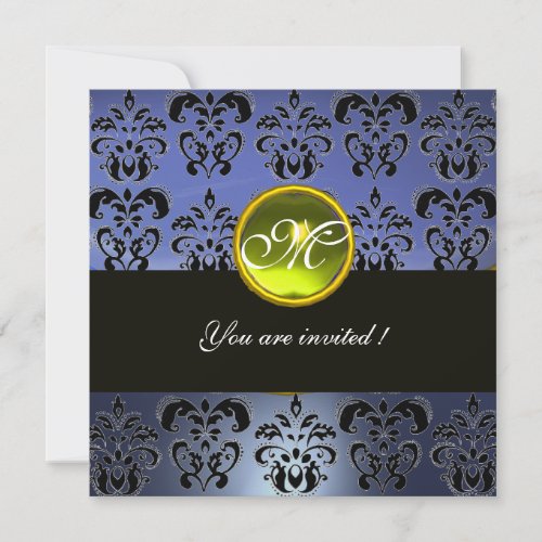 BLUE BLACK  DAMASK MONOGRAM yellow topaz Invitation