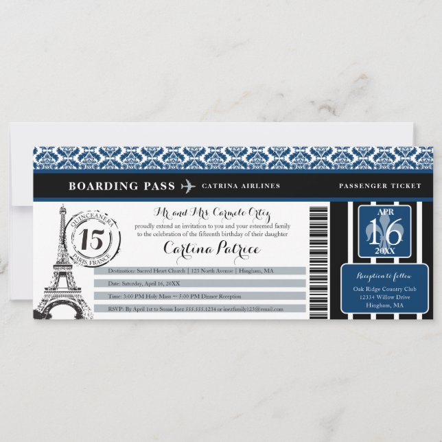 Blue Black Damask Quinceanera Paris Boarding Pass  Invitation (Front)