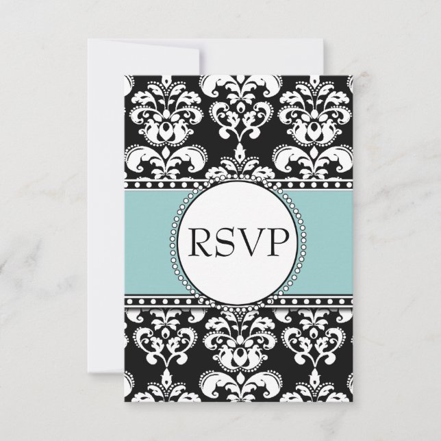 Blue Black Damask RSVP for Square Invitations (Front)