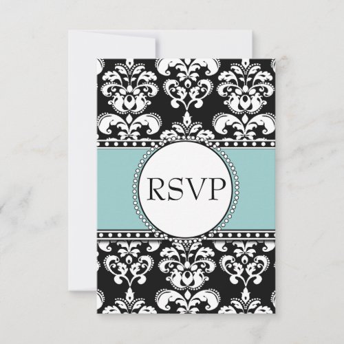Blue Black Damask RSVP for Square Invitations