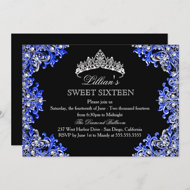 Blue & Black Damask Tiara Sweet 16 Invitation (Front/Back)