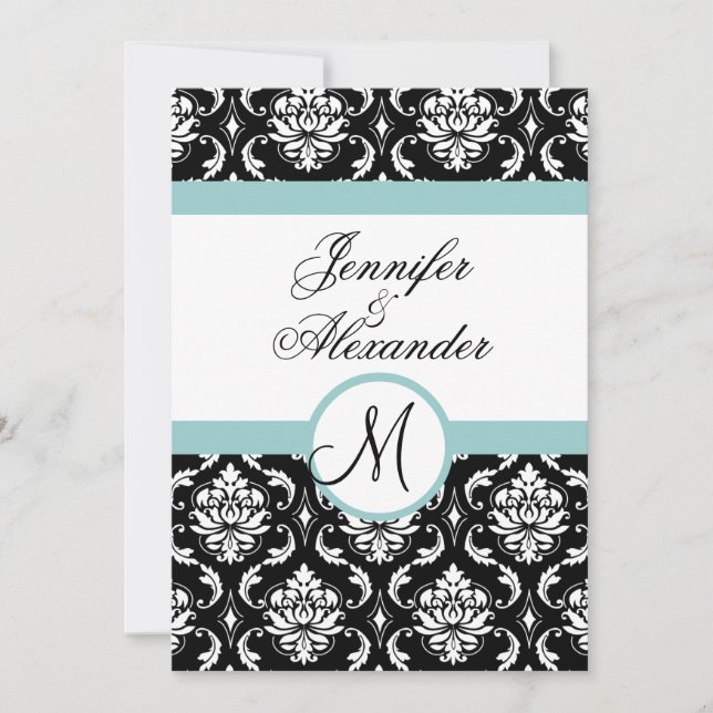 Blue Black Damask Wedding Monogram Invitation (Front)