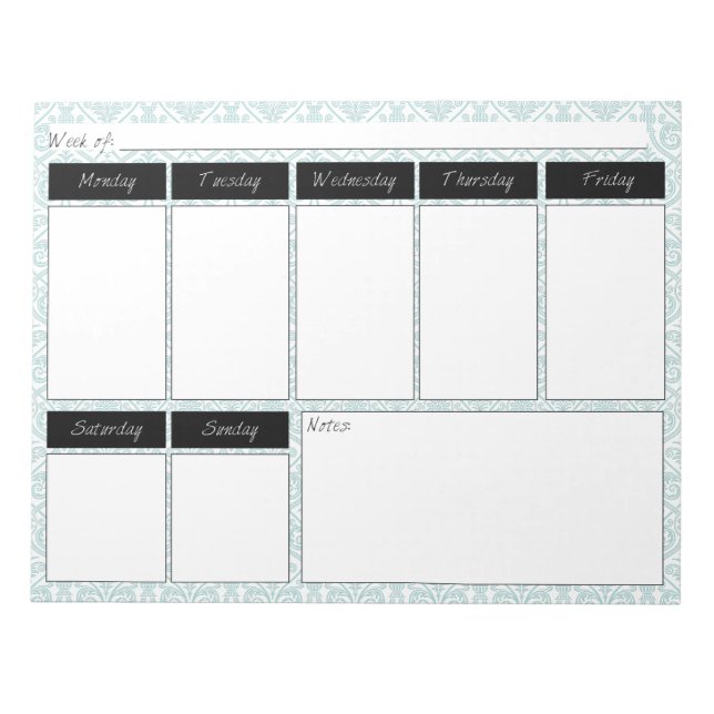 Blue & Black Damask Weekly Pattern Notepad (Front)