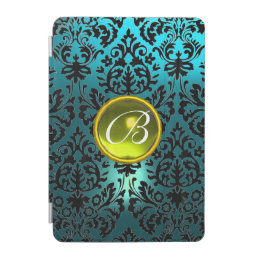 BLUE BLACK DAMASK YELLOW GEMSTONE MONOGRAM Floral  iPad Mini Cover