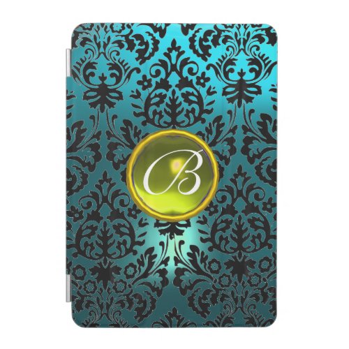 BLUE BLACK DAMASK YELLOW GEMSTONE MONOGRAM Floral  iPad Mini Cover