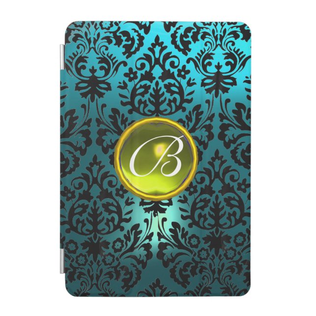 BLUE BLACK DAMASK YELLOW GEMSTONE MONOGRAM Floral  iPad Mini Cover (Front)