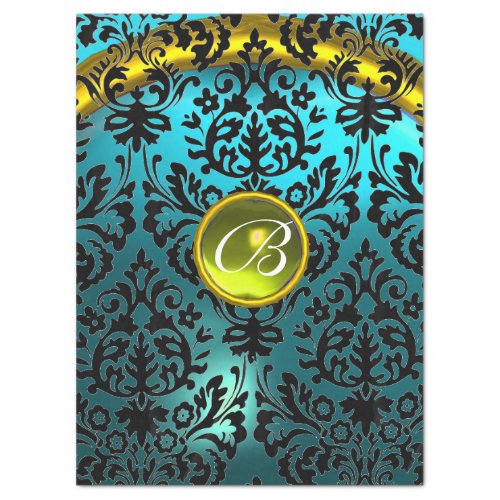 BLUE BLACK DAMASK YELLOW GEMSTONE MONOGRAM Floral  Tissue Paper