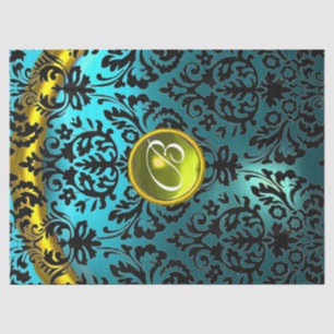 BLUE BLACK DAMASK YELLOW GEMSTONE MONOGRAM Floral Tissue Paper