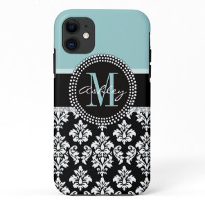 BLUE, BLACK DAMASK, YOUR MONOGRAM ,YOUR NAME iPhone 11 CASE
