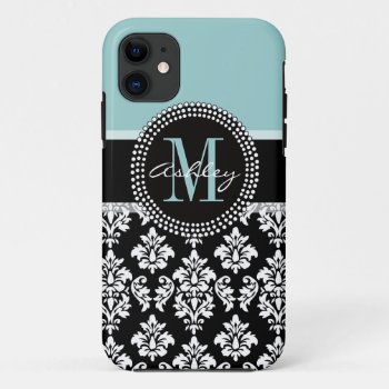 Blue  Black Damask  Your Monogram  Your Name Iphone 11 Case by DamaskGallery at Zazzle