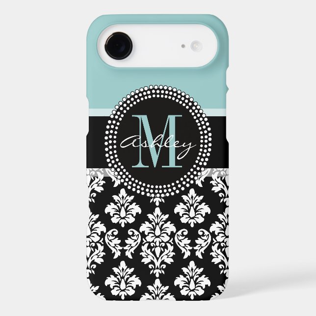 BLUE, BLACK DAMASK, YOUR MONOGRAM ,YOUR NAME iPhone 3 COVER (Back)