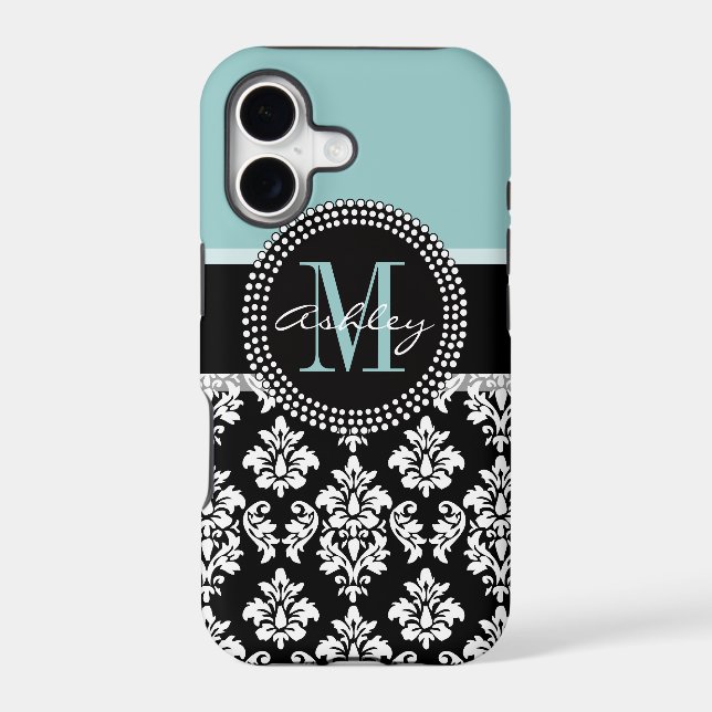 BLUE, BLACK DAMASK, YOUR MONOGRAM ,YOUR NAME IPHONE CASE (Back)