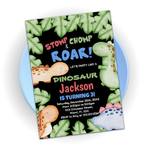 Blue Black Dinosaur Birthday Invitations