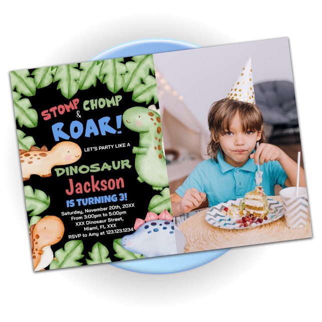 Blue Black Dinosaur Birthday Invitations w photo (Creator Uploaded)