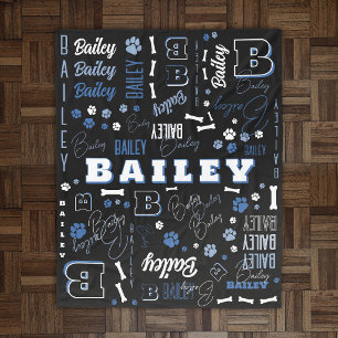 Blue Black Dog Name Initial Word Art Pattern Fleece Blanket