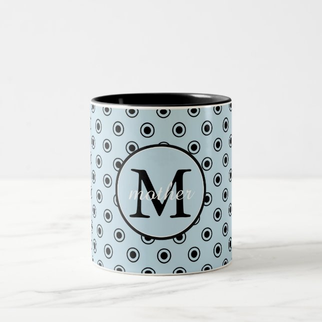 Blue Black Dots Monogram Two-Tone Coffee Mug (Center)