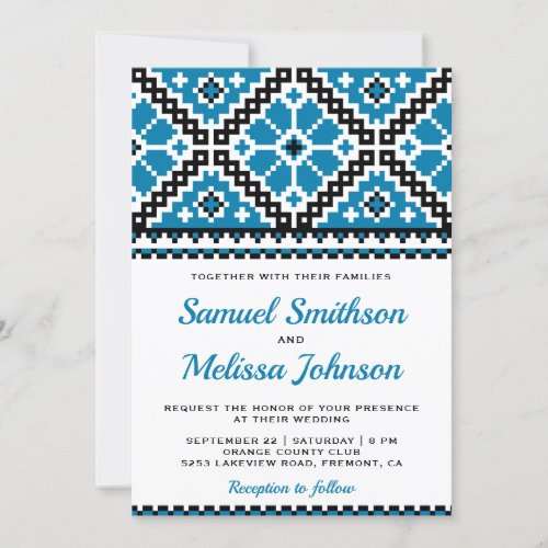 Blue Black Embroidery Ukrainian Wedding Invitation