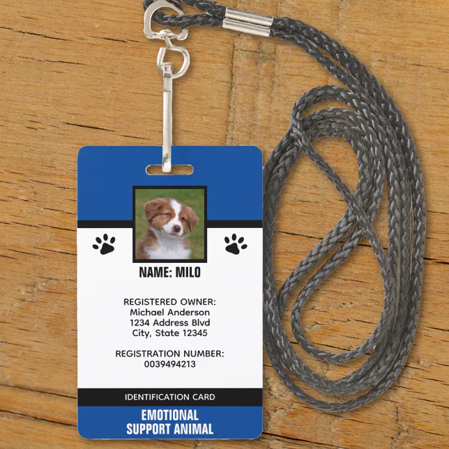 Blue & Black Emotional Support Service Animal ID Badge | Zazzle