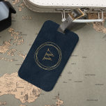 Blue-Black Faux Leather Gold Circles Monogram Luggage Tag<br><div class="desc">This elegant design features a gold monogram initial in open serif font framed by three irregular gold wire circles on a rich, dark blue, nearly black faux leather background. Add your your name in gold serif font and your contact information in gold sans serif on the dark blue-black faux leather...</div>