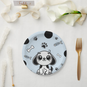 Blue & Black Fish Bones Puppy Dog Birthday Party Paper Plates
