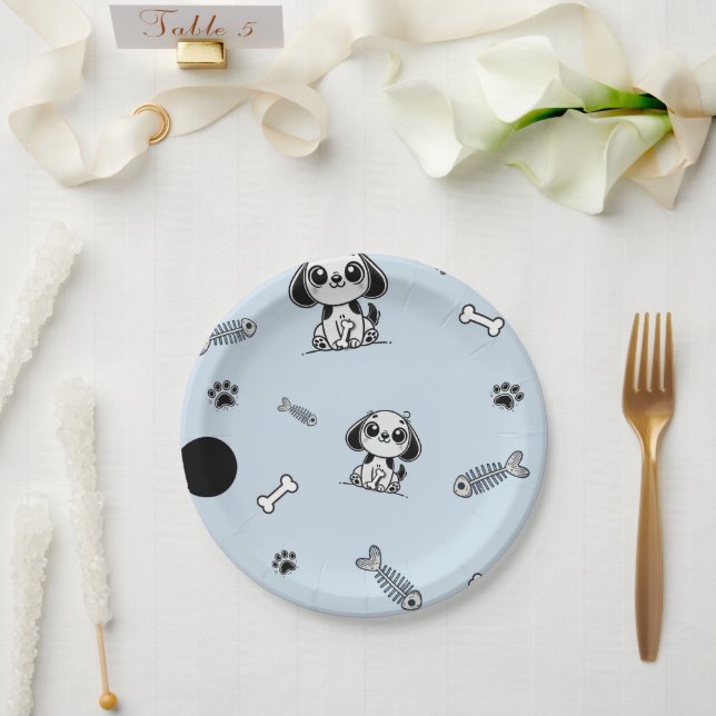Blue & Black Fish Bones Puppy Dog Birthday Party  Paper Plates (Wedding)