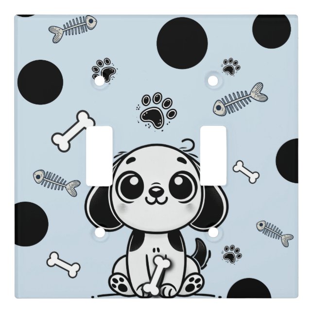 Blue & Black Fish Bones Puppy Dog Nursery Bedroom Light Switch Cover (Front)