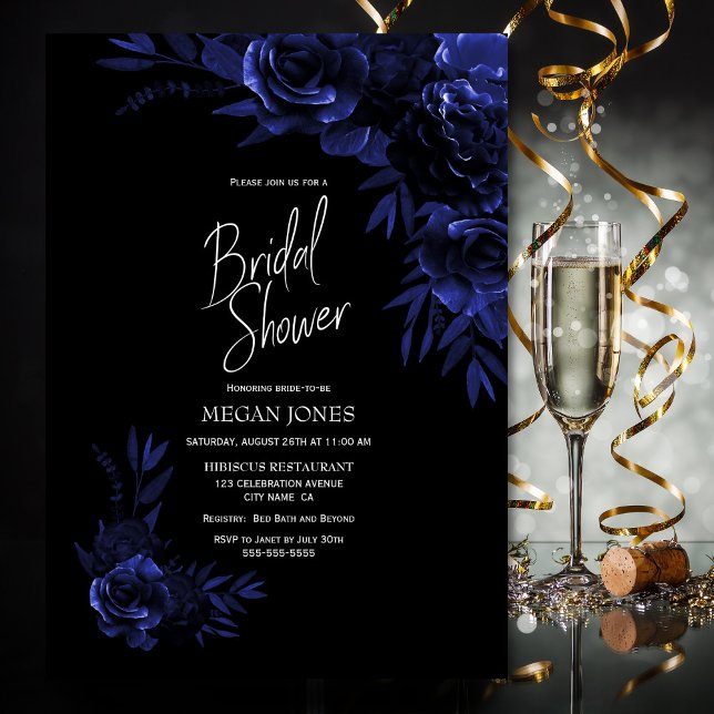 Blue Black Floral Bridal Shower Invitation (Creator Uploaded)