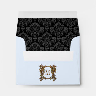 Blue & Black Floral Crest Damask Monogram Envelope