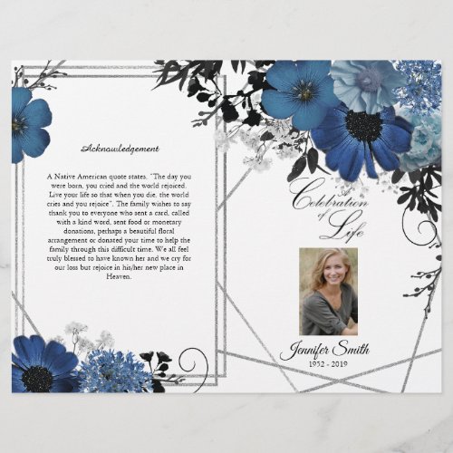 Blue Black Floral Geometric Funeral Program Flyer