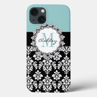 Blue Black Flower of Lis Damask Monogram iPhone 13 Case