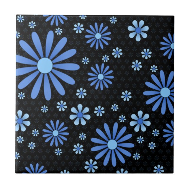 Blue & Black Flower Power Retro Floral Ceramic Tile (Front)