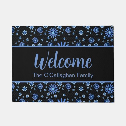 Blue  Black Flower Power Retro Floral Doormat