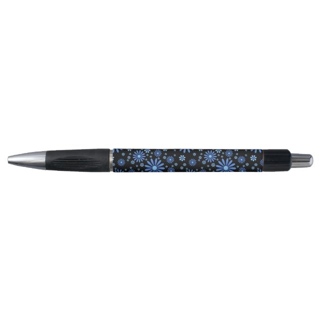 Blue & Black Flower Power Retro Floral Pen (Front)
