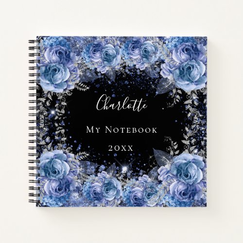 Blue black flowers glitter name glamorous  notebook