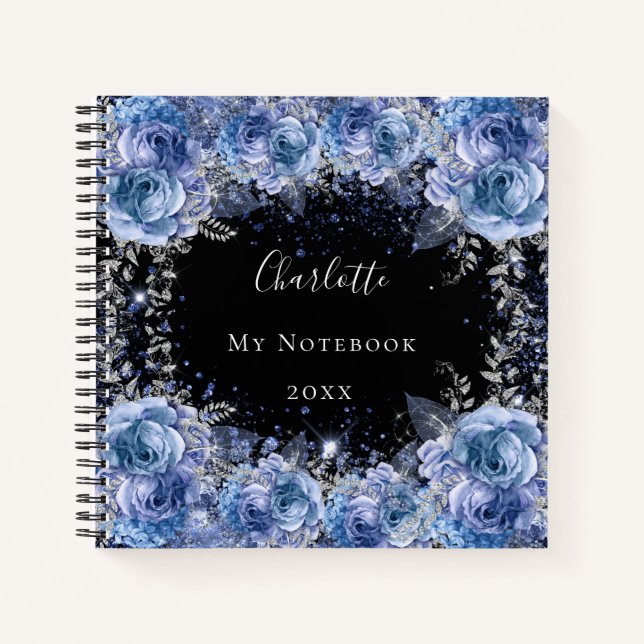 Blue black flowers glitter name glamorous  notebook (Front)