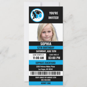 Blue Black Football Ticket Birthday Photo Invitation